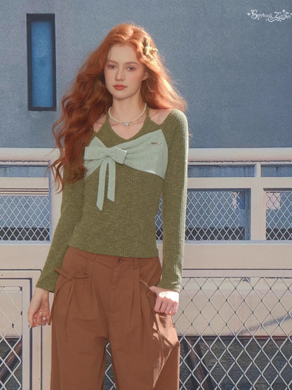 ZiziFei - Halter Ribbed Knit Top with Bow Detail – Green / Blue