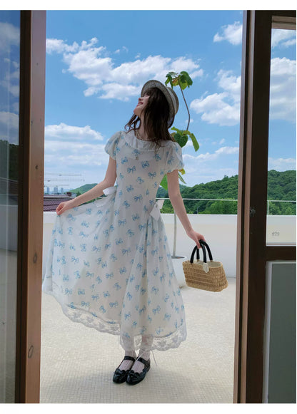 [RF] “Blue Butterfly Letter” Light Blue Floral Bow Midi Dress