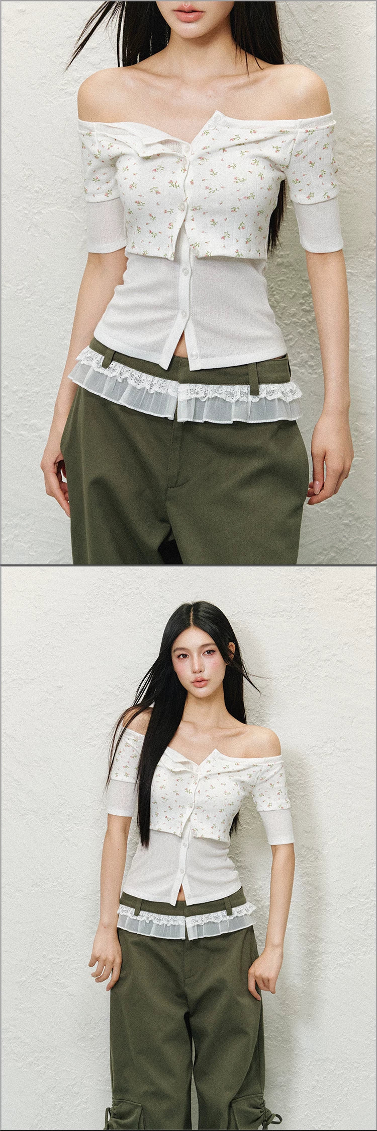 Layered Off-Shoulder Contrast Lyocell Knit Top (Floral White Contrast/ Red & White Stripe/ Gray Blue Contrast)