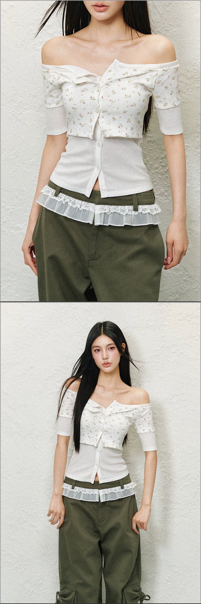 Layered Off-Shoulder Contrast Lyocell Knit Top (Floral White Contrast/ Red & White Stripe/ Gray Blue Contrast)