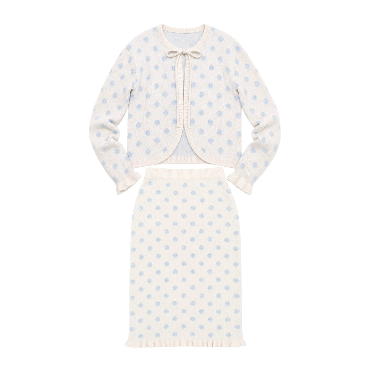 [RF] Ice Blue Polka Dot Knit Cardigan & Midi Skirt Set