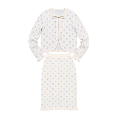 [RF] Ice Blue Polka Dot Knit Cardigan & Midi Skirt Set