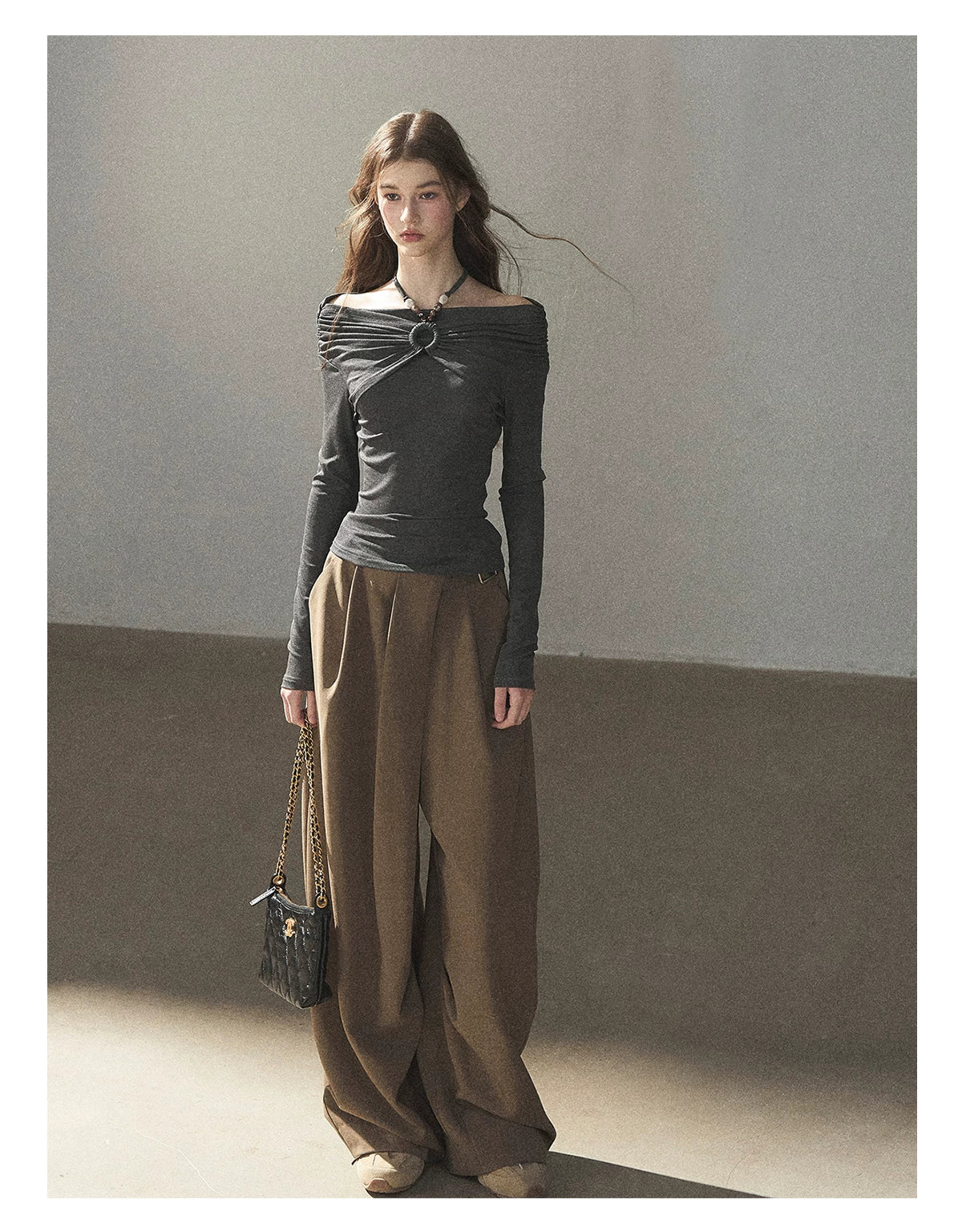 AOMALM - "A Touch of Autumn" Loose Relaxed Balloon Wide-Leg Pants With Belt (Dusty Taupe Brown / Quiet Black)