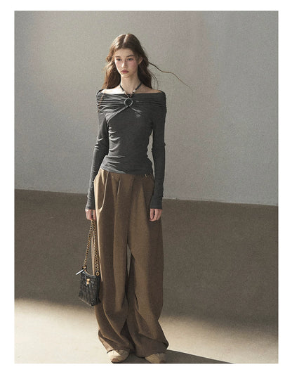 AOMALM - "A Touch of Autumn" Loose Relaxed Balloon Wide-Leg Pants With Belt (Dusty Taupe Brown / Quiet Black)