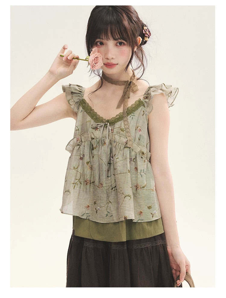 "Enchanted Forest" Moss Green Floral Lace Ruffle Cami Top