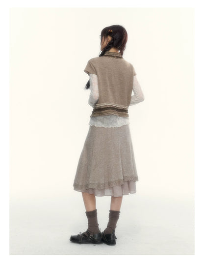 Milk Coffee Vintage Lace Knit A-Line Skirt