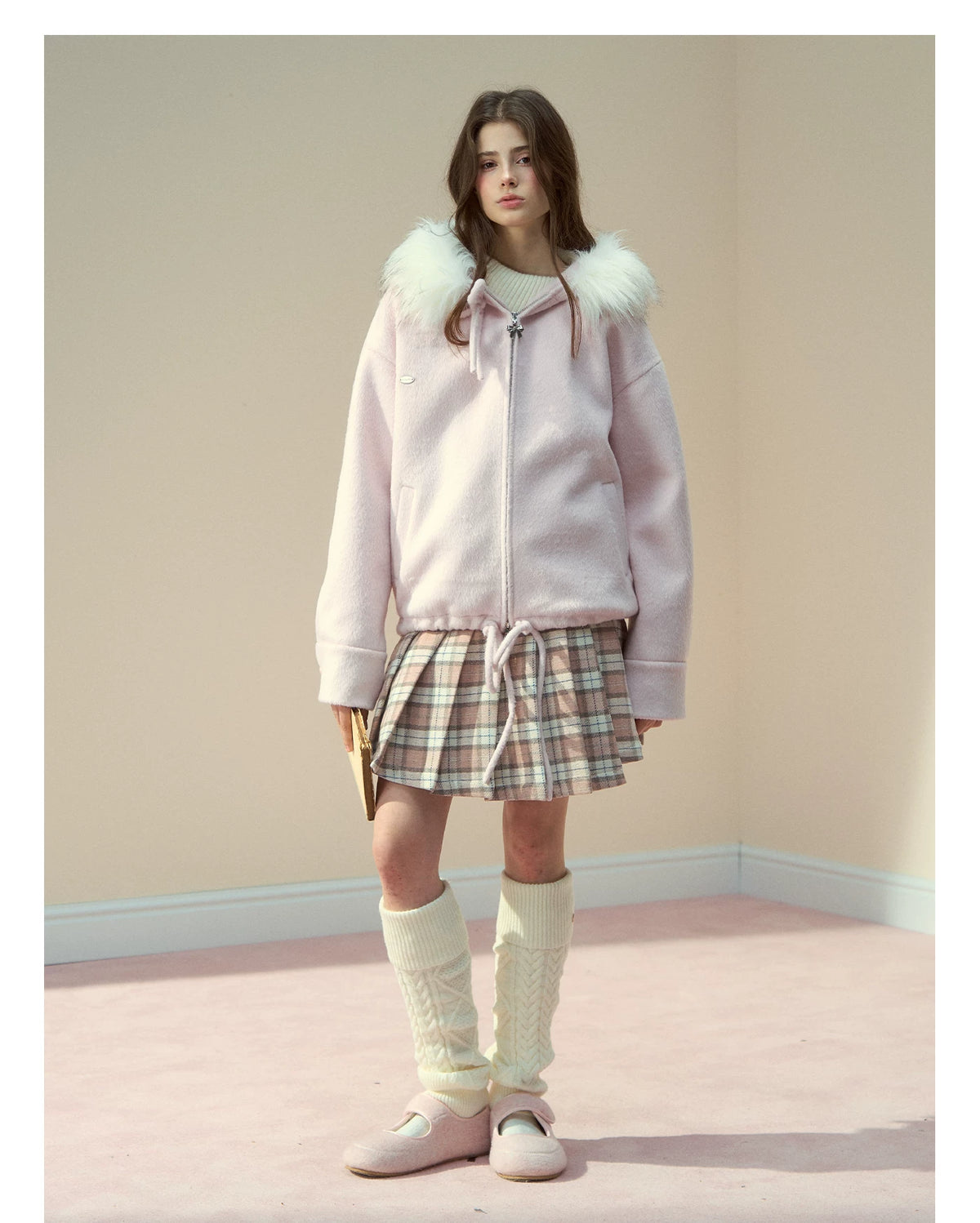 SunsetPark - "Warm Winter Days" Faux Fur Collar Wool-Blend Top Coat (Gray / Pink)