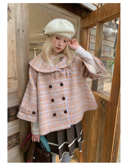 RF - Orange Plaid Cropped Cape Coat with Apricot Faux Fur Collar