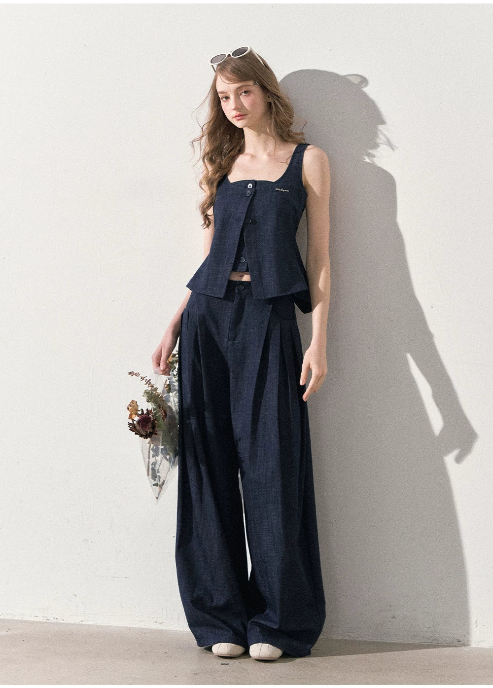 "Season of Ease" Vintage Navy Faux Denim Vest & Wide-Leg Pants Set