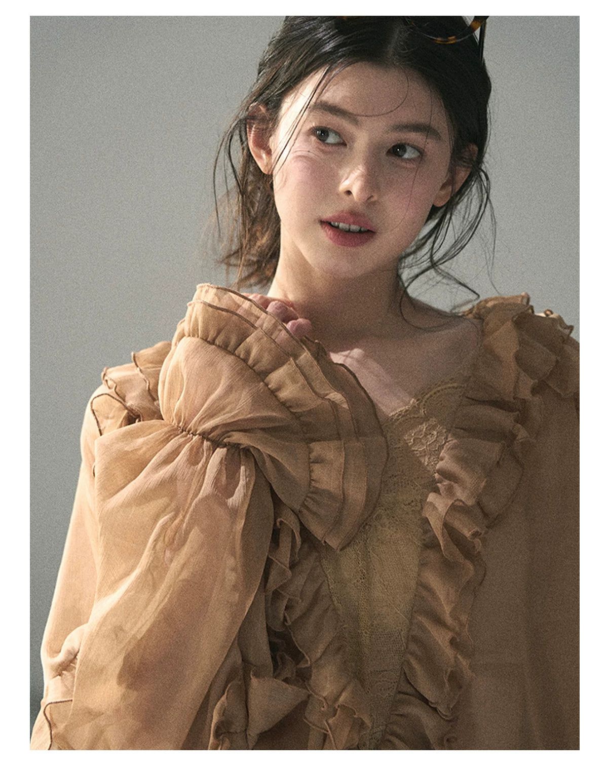 “Whispers of the Wind” Ash Caramel Lace Chiffon Blouse (With Belt)