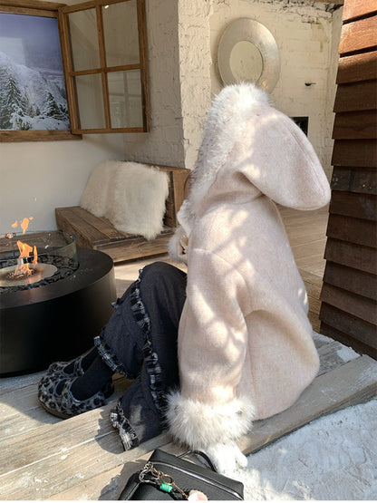 阮阮自制 - Soft Fog Apricot Pink Witch Hooded Wool Coat