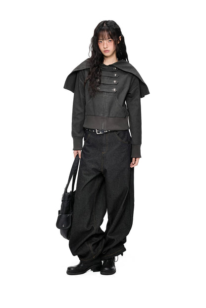EZEK | Cropped Hooded Sweatshirt Jacket with Double Metal Snap Closure (Black / Gray)
