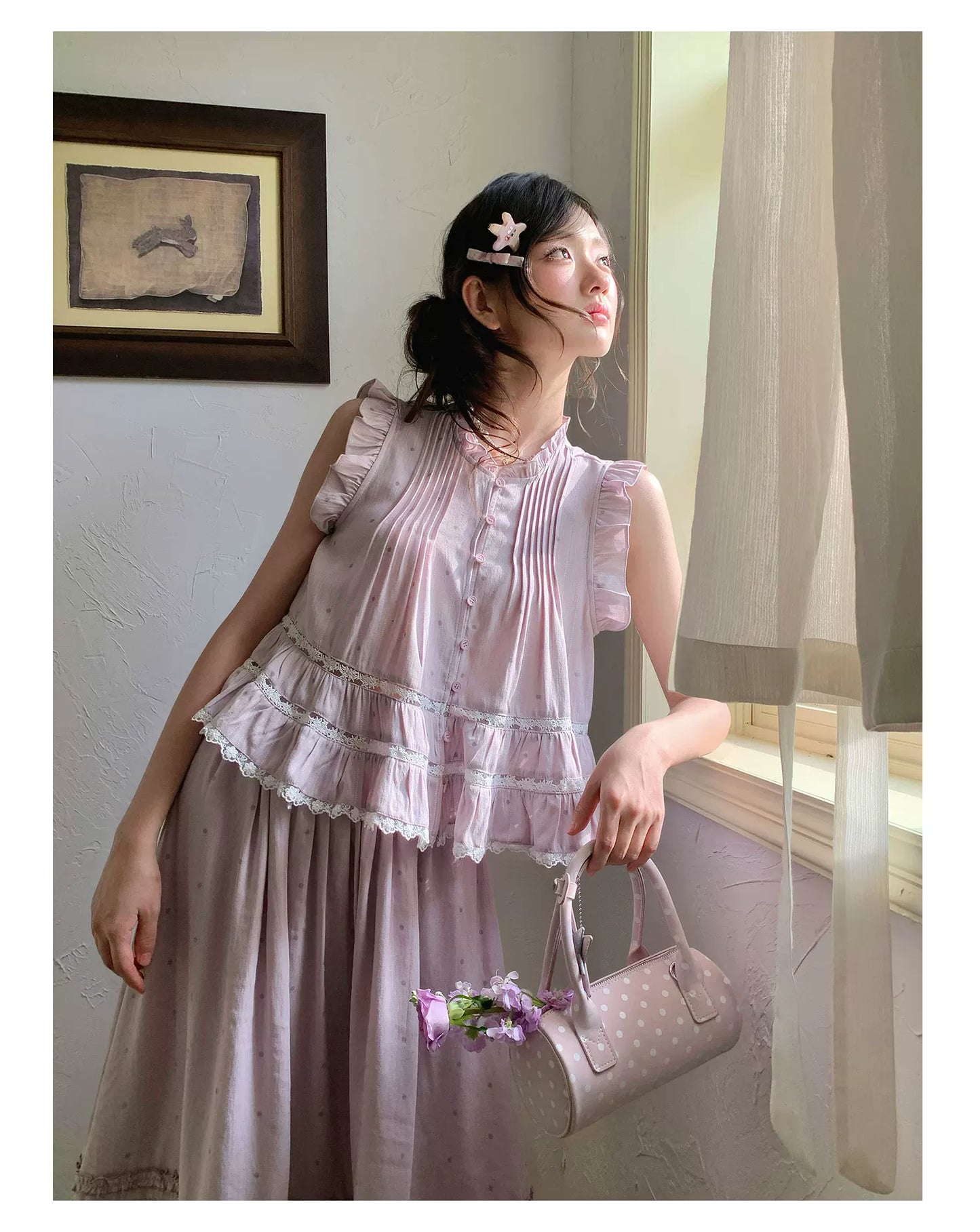 “Taro Polka Reverie” Lavender Polka Dot Skirt Set
