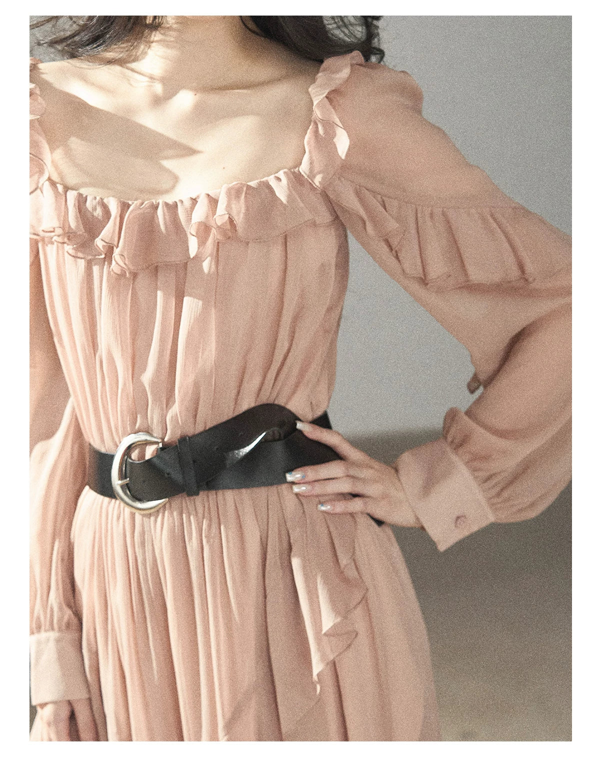 AOMALM - "Waiting for Sunset" Soft Pink French Ruffle Maxi Dress with Belt