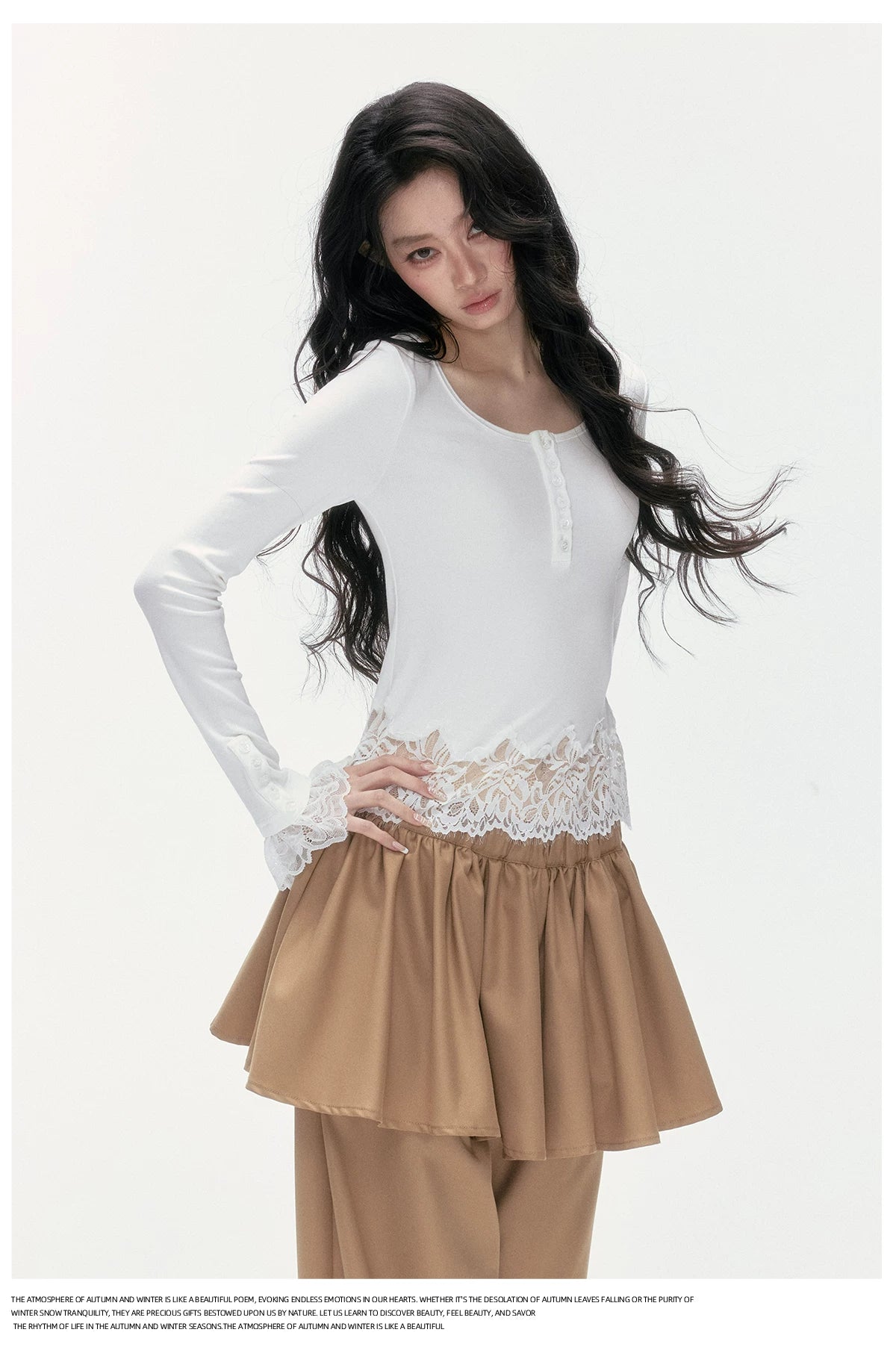 24olvides - Fitted Henley Top with Asymmetric Lace Trim (White / Brown)