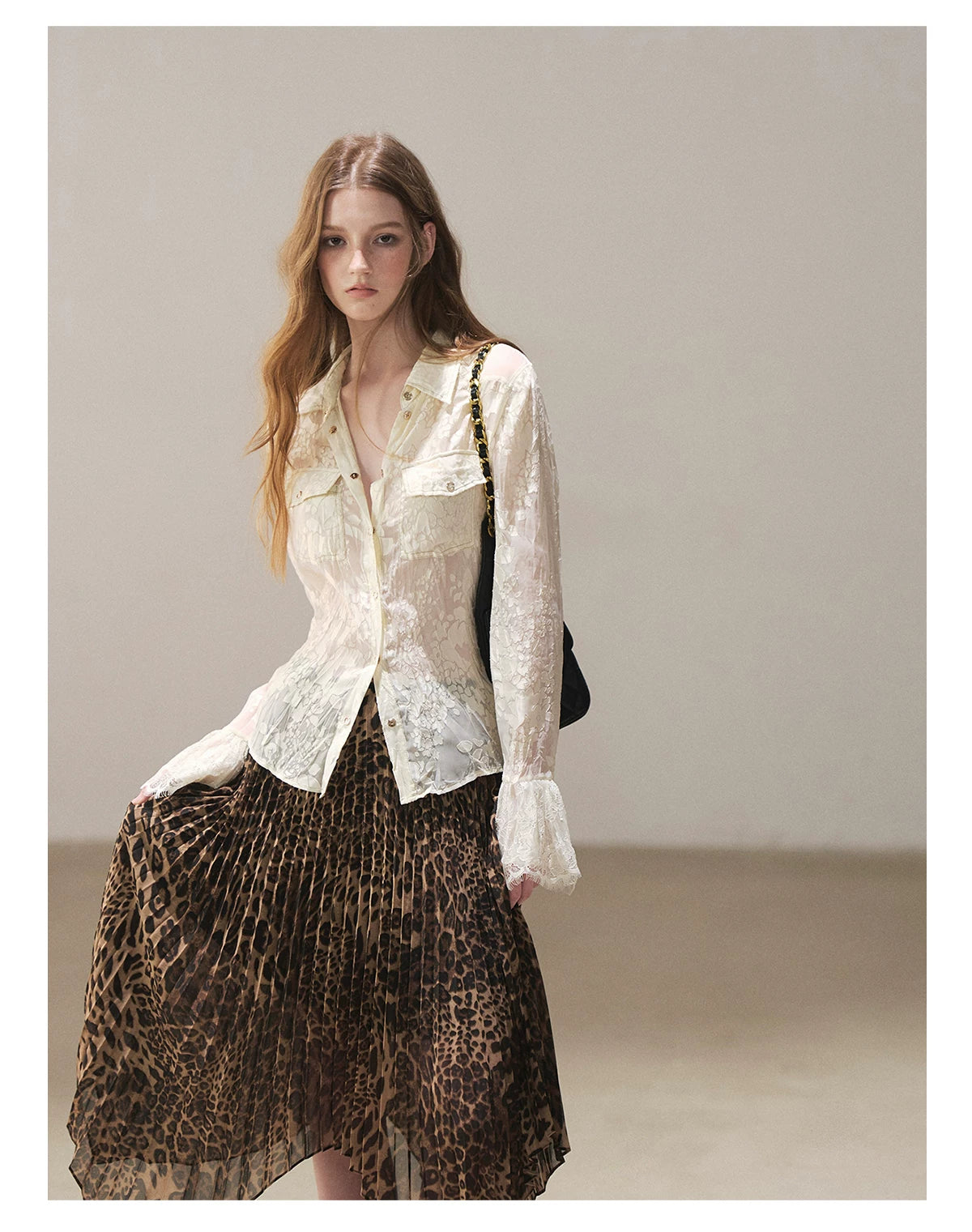 AOMALM - “Cocoa Leopard” Pleated Asymmetric Midi Skirt