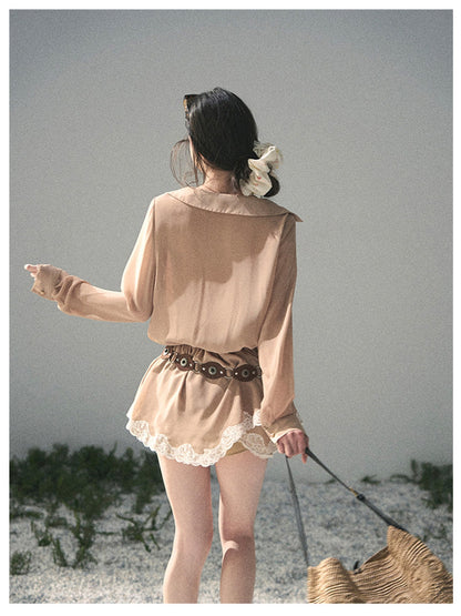 少也眼 “Hidden in the Evening Breeze” Cheese Yellow Faux Two-Piece Chiffon Dress 146