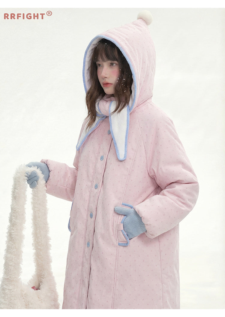 阮阮自制 - Berry Cream Pink Polka Dot Hooded Corduroy Padded Jacket