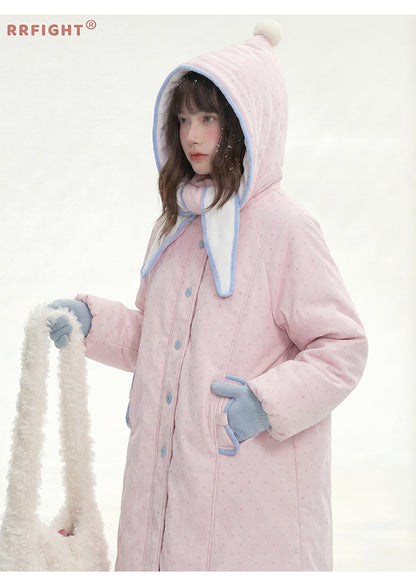 阮阮自制 - Berry Cream Pink Polka Dot Hooded Corduroy Padded Jacket
