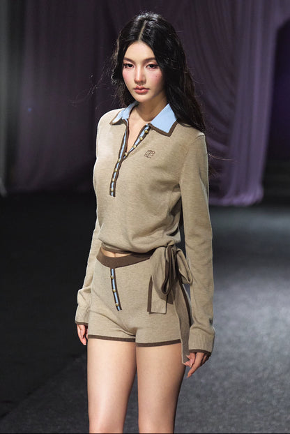 Contrast Gold Button Ribbon Polo Knit Top & Heart Pocket Shorts Set