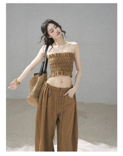 "Caramel Dusk" Ash Caramel Shirred Bandeau Top & Relaxed Pants Set