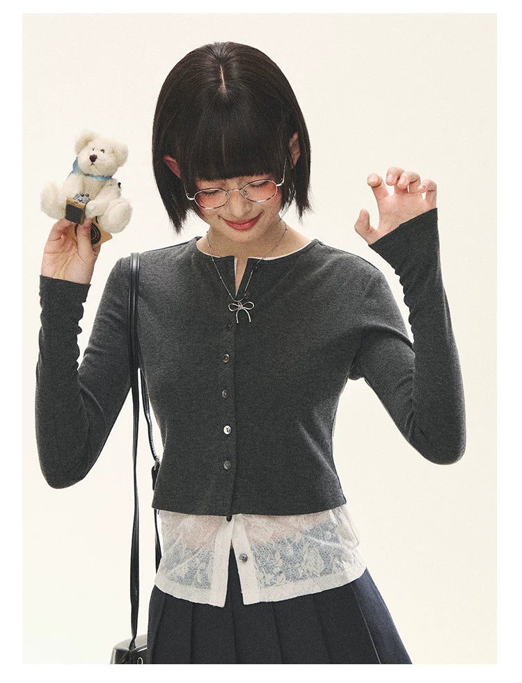 "Layered Blossom" Faux-Layer Knit Cardigan (Sakura Pink/ Heather Gray)