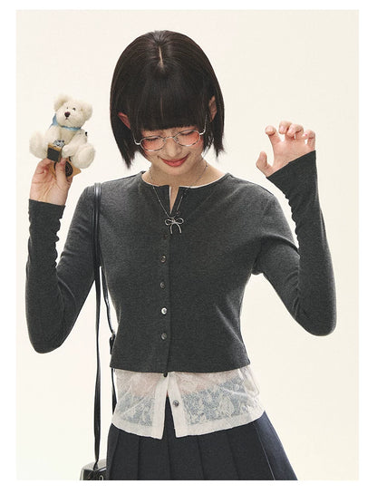 "Layered Blossom" Faux-Layer Knit Cardigan (Sakura Pink/ Heather Gray)