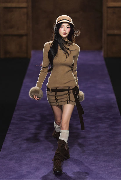 "Winter Whisper" Light Khaki Mock Neck Knit Mini Dress