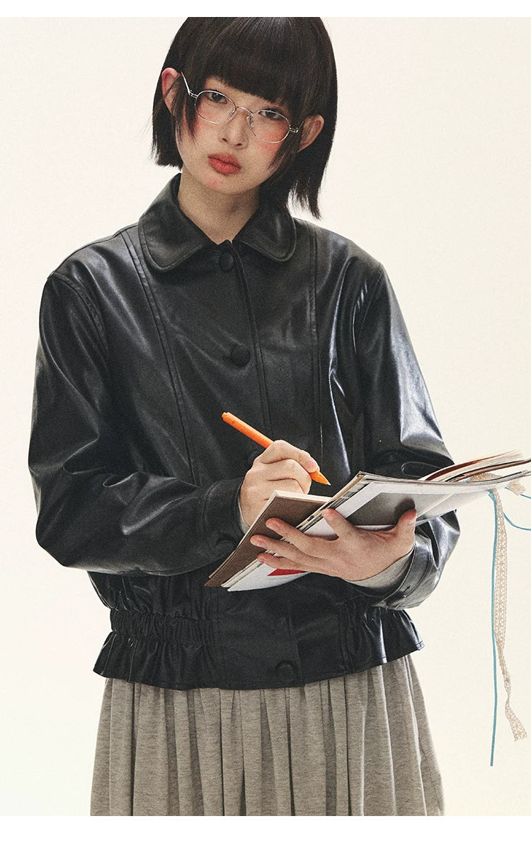 "Venus Gallery" Black Ruffle Collar Cropped Faux Leather Jacket