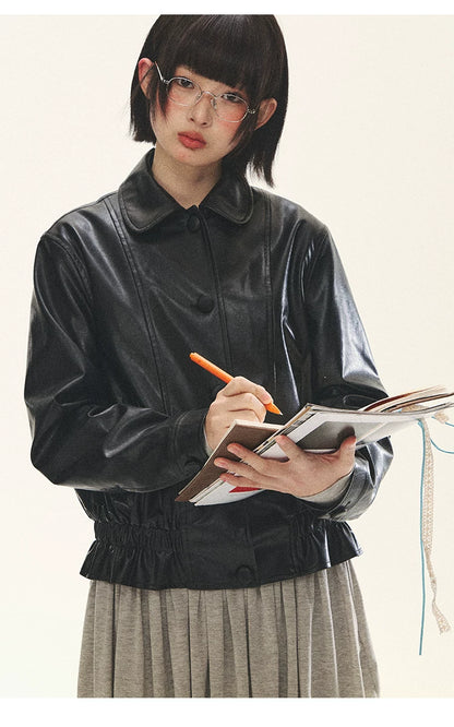"Venus Gallery" Black Ruffle Collar Cropped Faux Leather Jacket