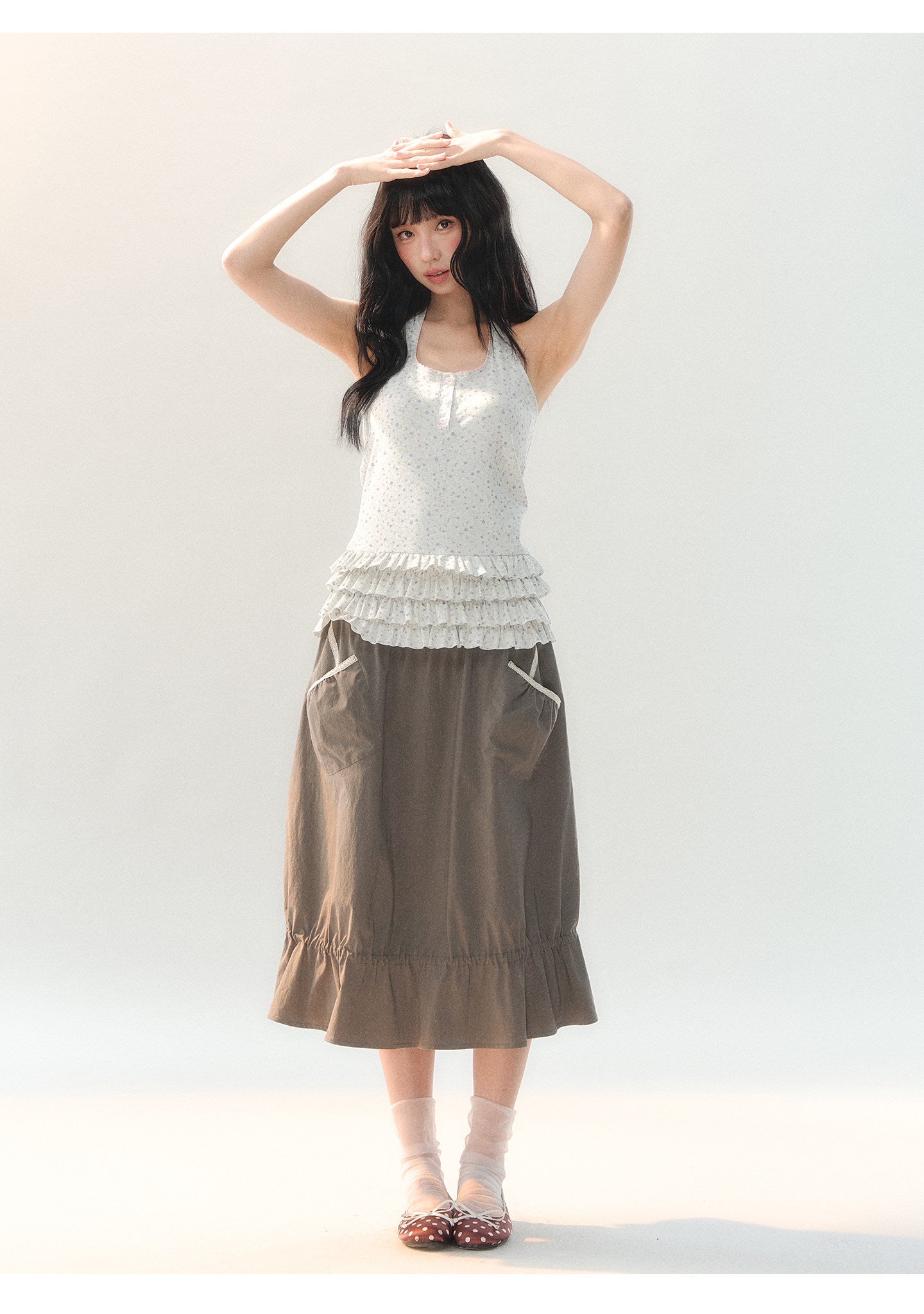 170726C "Sage Meadow" Grey Green Lace Pocket Culotte Skirt