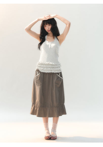 170726C "Sage Meadow" Grey Green Lace Pocket Culotte Skirt