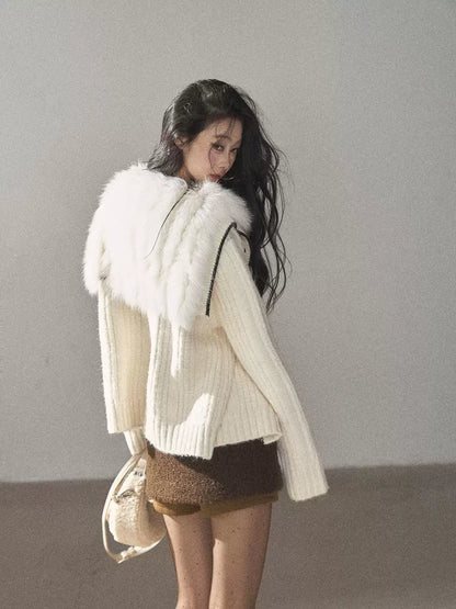 AOMALM - "Wrapped in the Evening Breeze" Milk Rice White Sailor-Collar Wool-Blend Knit Sweater