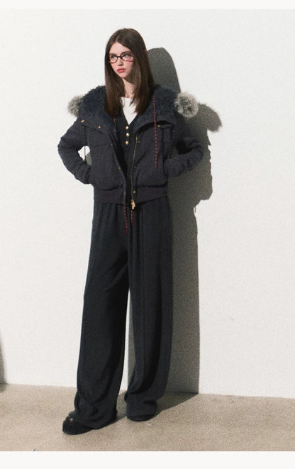 OAKMOO/ "Energy & Freedom" Mocha Gray Fur-Collar Cropped Hoodie Jacket