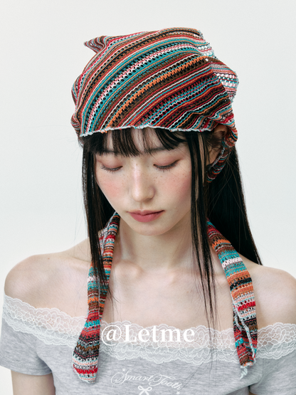 Bohemian Striped Knit Headscarf – Lightweight Openwork Triangle Bandana