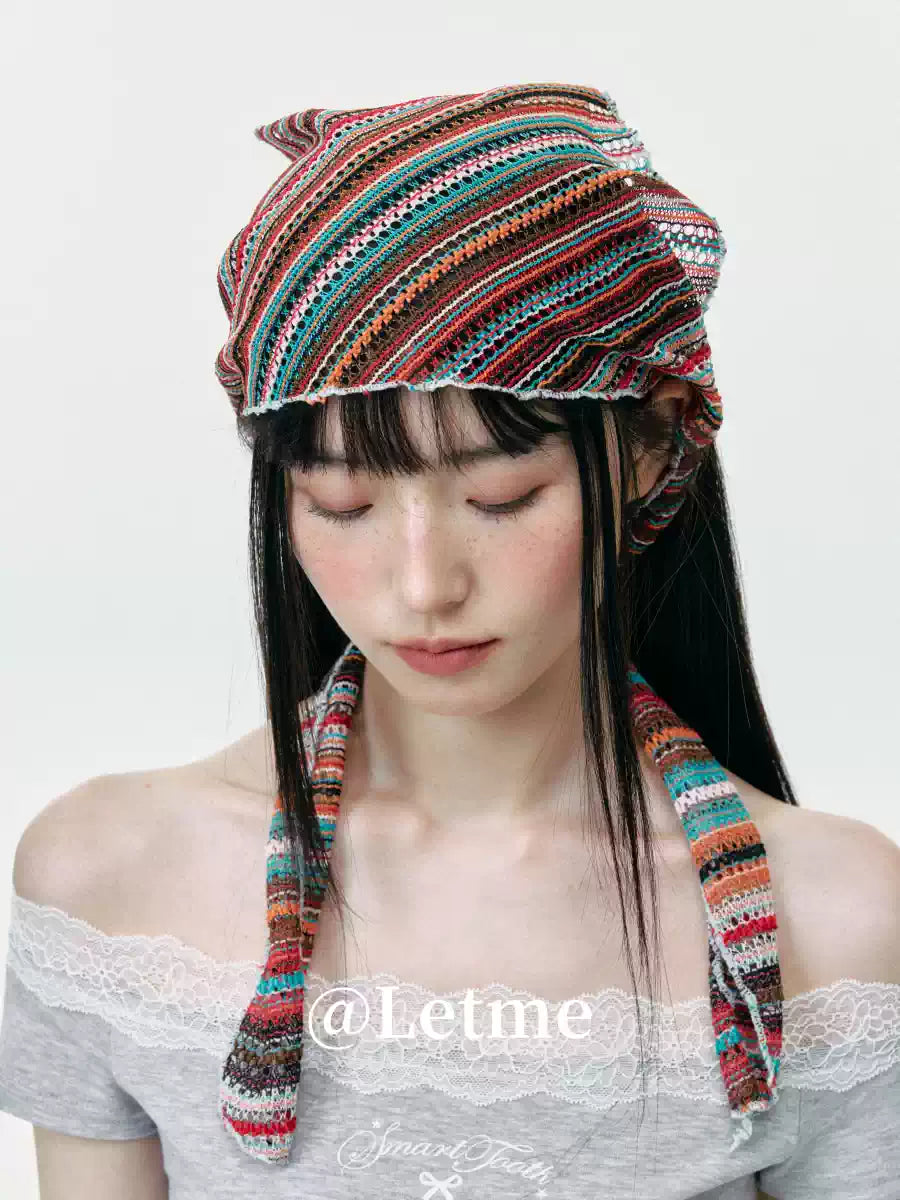 Bohemian Striped Knit Headscarf – Lightweight Openwork Triangle Bandana