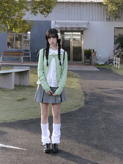 "Spring Jade" Green Polka Dot Collection (Green Knit Cardigan / White Blouse / Green Plaid Pleated Skirt)