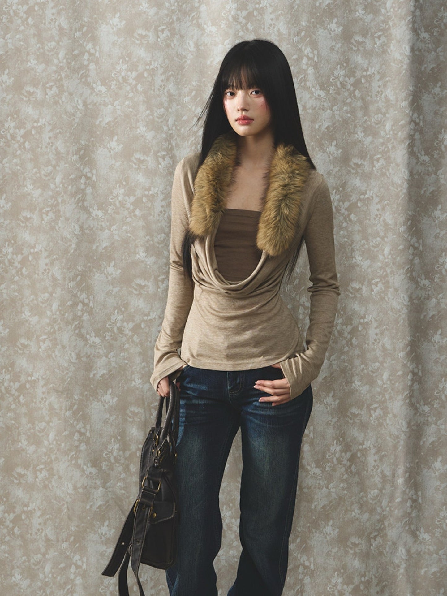 Soote Season - Oatmeal Faux Two-Piece Draped Fur-Collar Knit Base Top