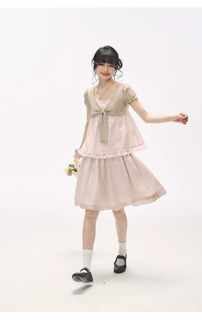"Sweetheart Pages" Blush Pink Bow Puff Sleeve Top & A-Line Skirt Set