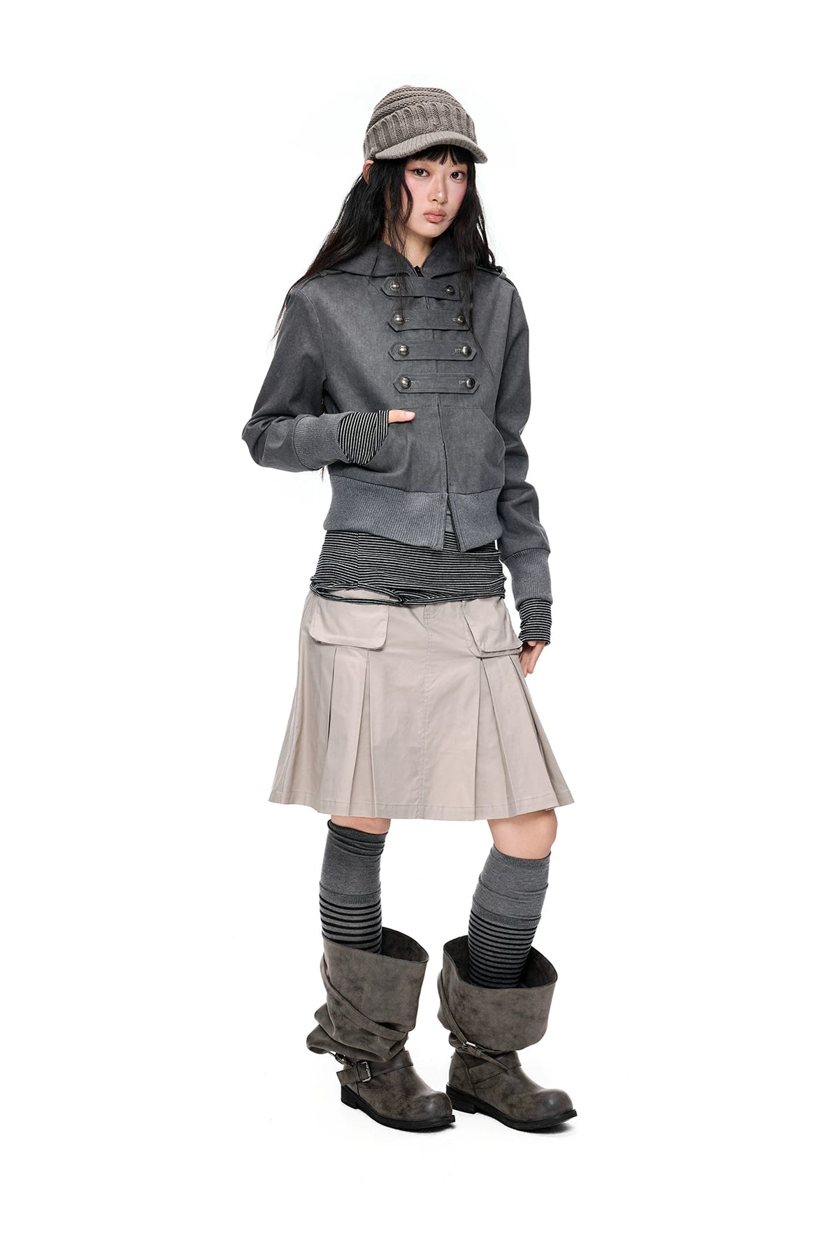 EZEK | Cropped Hooded Sweatshirt Jacket with Double Metal Snap Closure (Black / Gray)