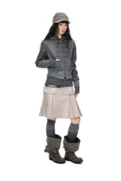 EZEK | Cropped Hooded Sweatshirt Jacket with Double Metal Snap Closure (Black / Gray)