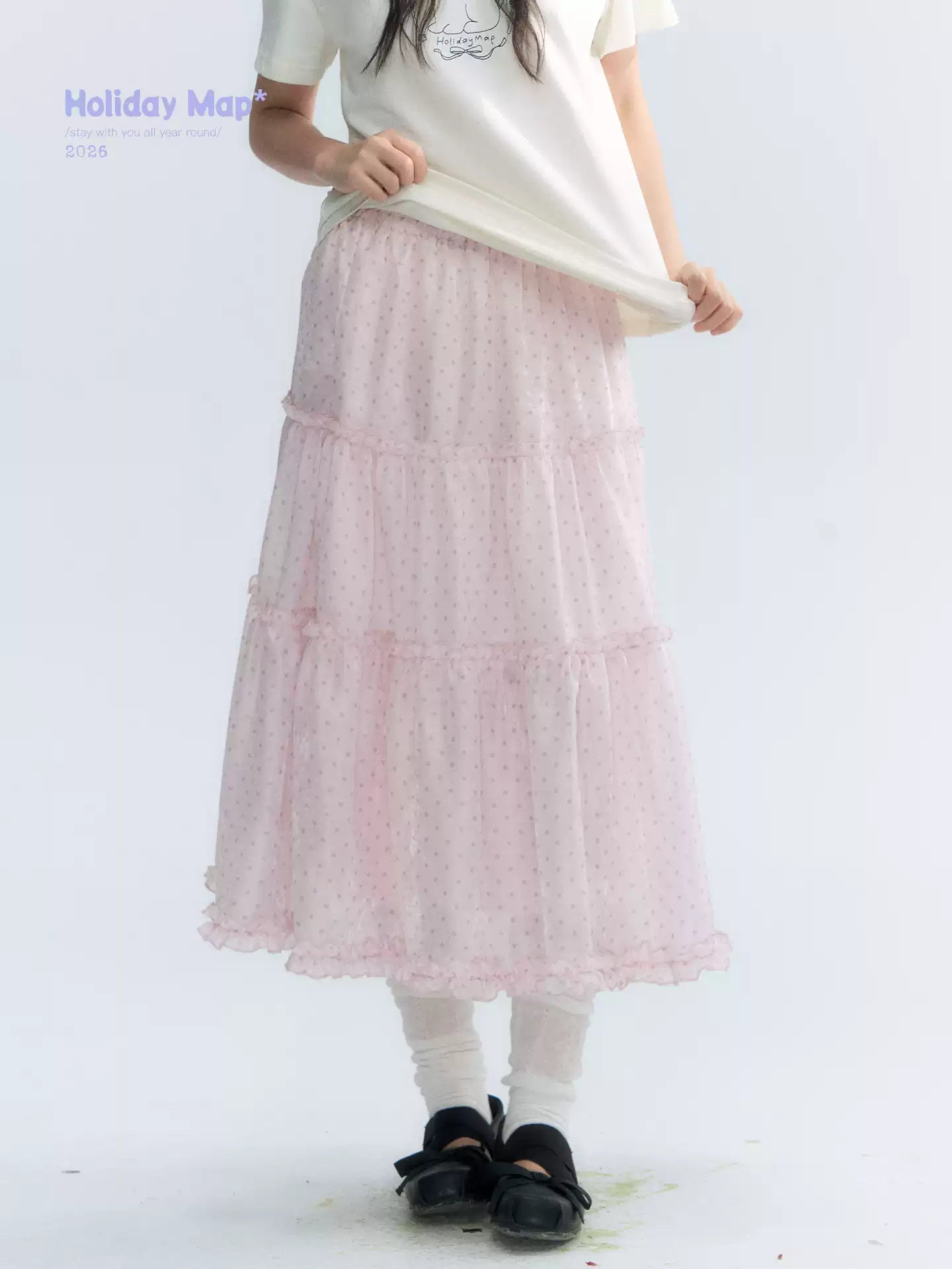 "Bubble Dream" Pink Lavender Polka Dot Tiered Midi Skirt