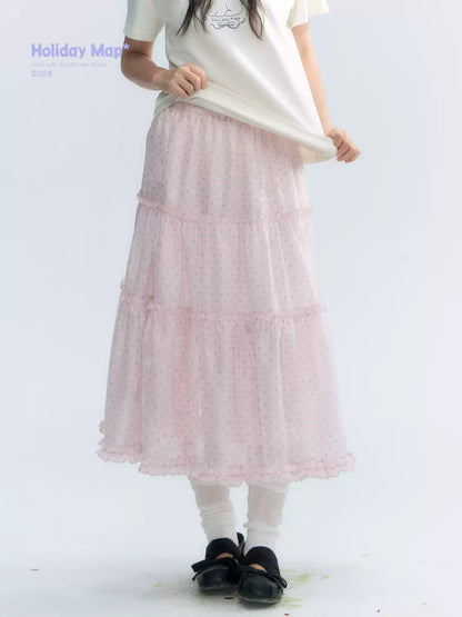 "Bubble Dream" Pink Lavender Polka Dot Tiered Midi Skirt