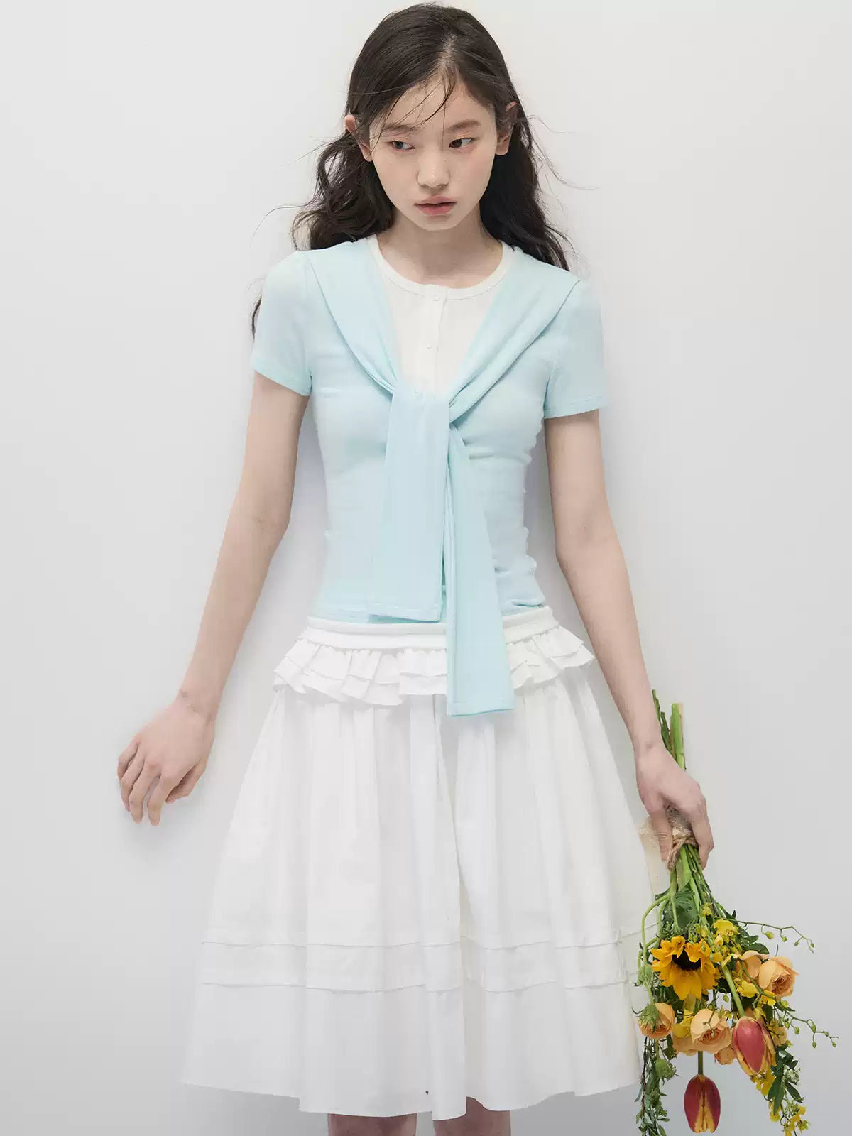Mint Blue Faux Two-Piece Top & White A-Line Midi Skirt Set