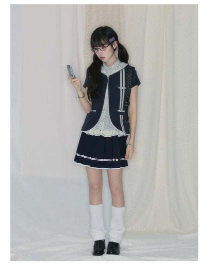 "Midnight Blossom" Vintage Floral Collection (Sleeveless Blouse / Hooded Cardigan / Box Pleated Skirt)
