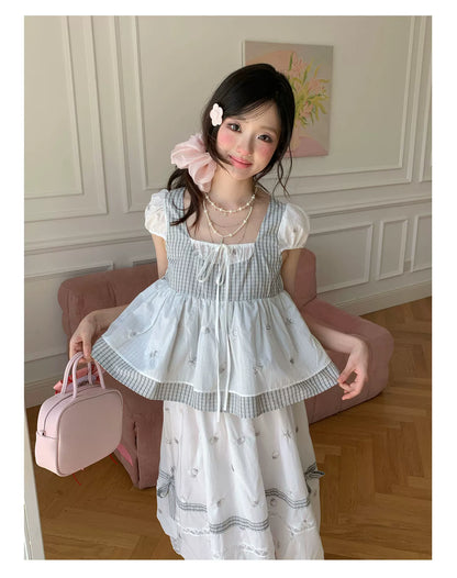 “Misty Isle White Tea” Grey White Polka Dot Skirt Set