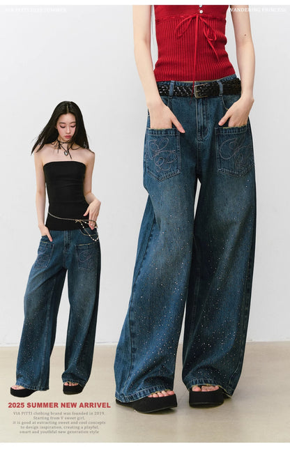 VIAPITTI - Statement Rhinestone Wide-Leg Jeans (White/ Blue)