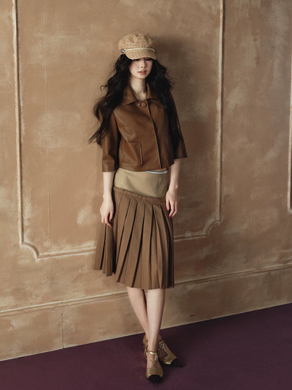 "Scholarly Muse" Khaki Faux Leather Jacket & Mixed-Media Pleated A-Line Skirt Set