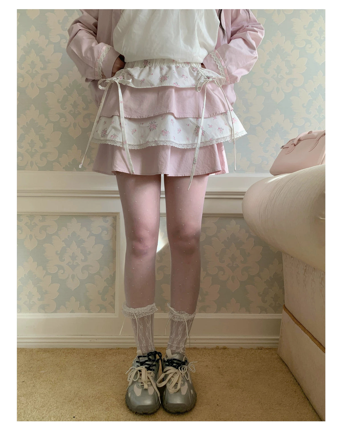 [RF] “Blush Meadow” White & Pink Floral Reversible Jacket and Mini Skirt Set