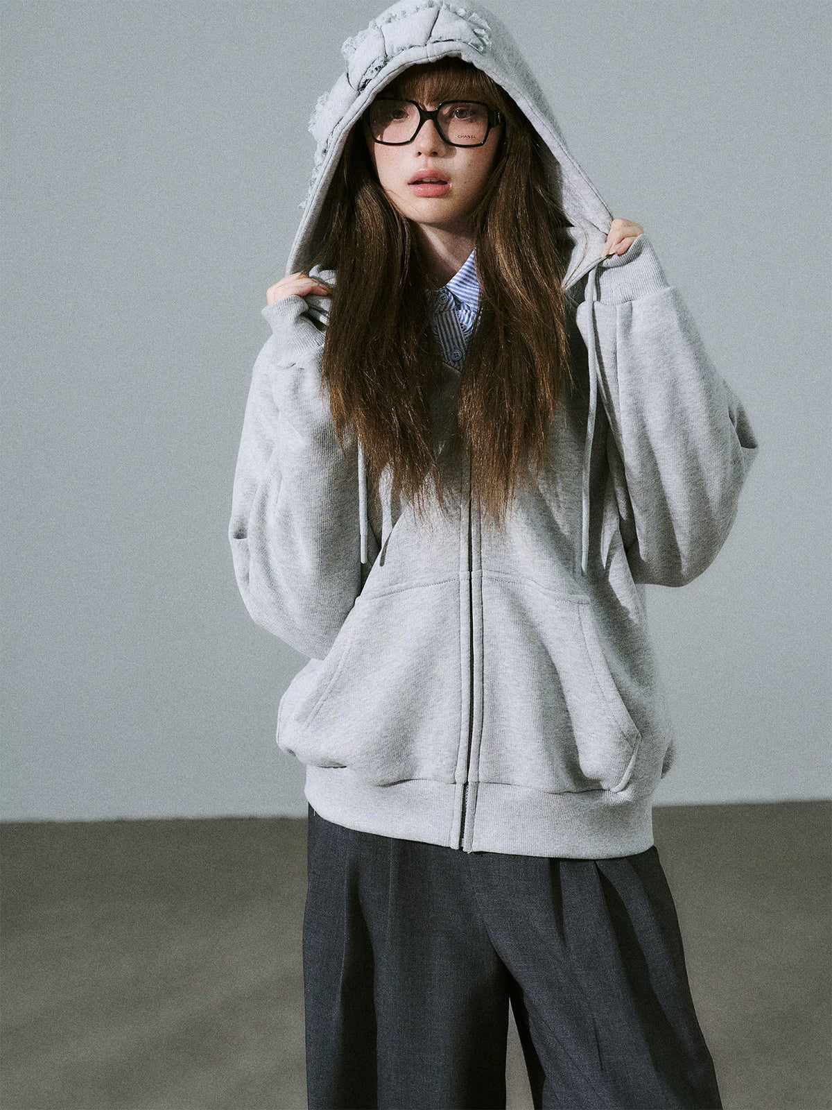 LOST FOREST - Mist Gray Bow Hooded Cardigan